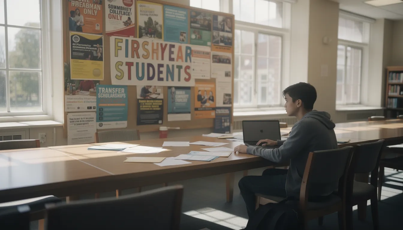 Community college transfer student surrounded by scholarship applications with limited options visible