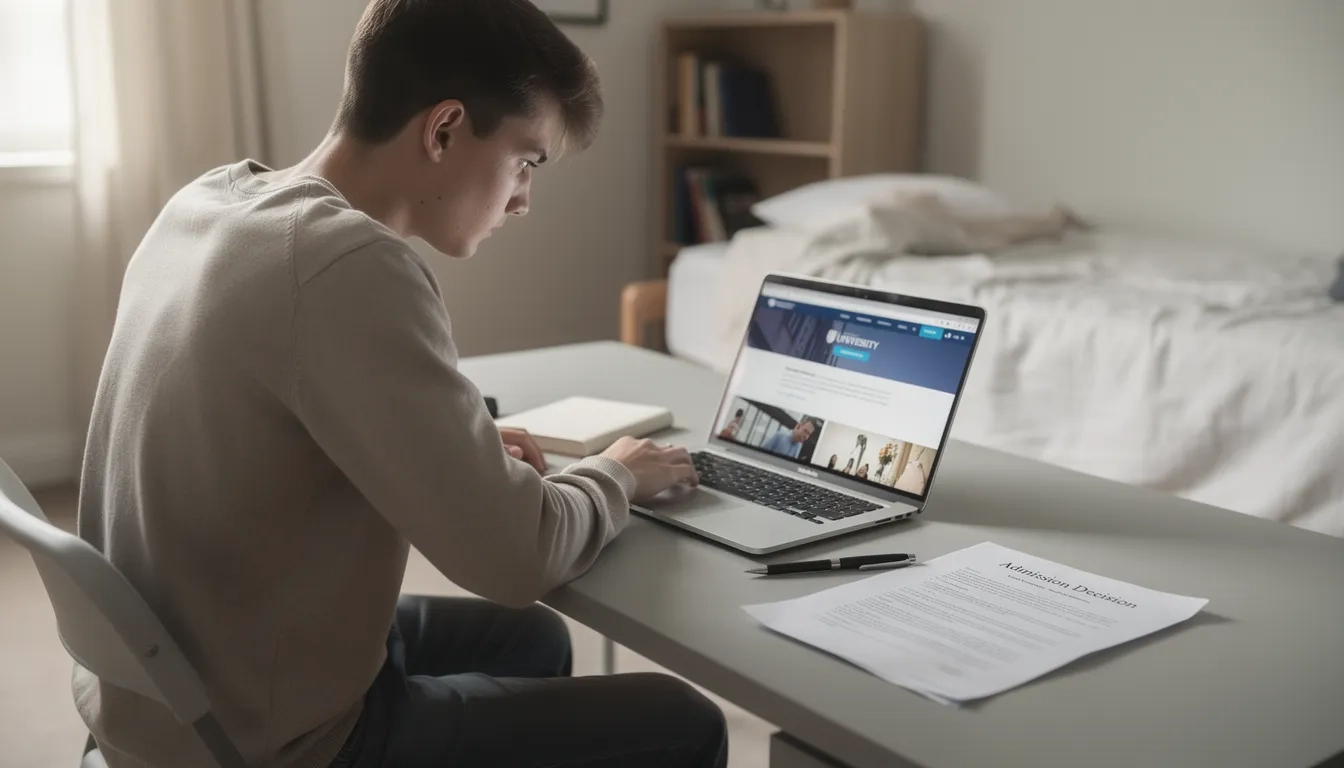 Student researching college appeal policies on a laptop next to a rejection letter
