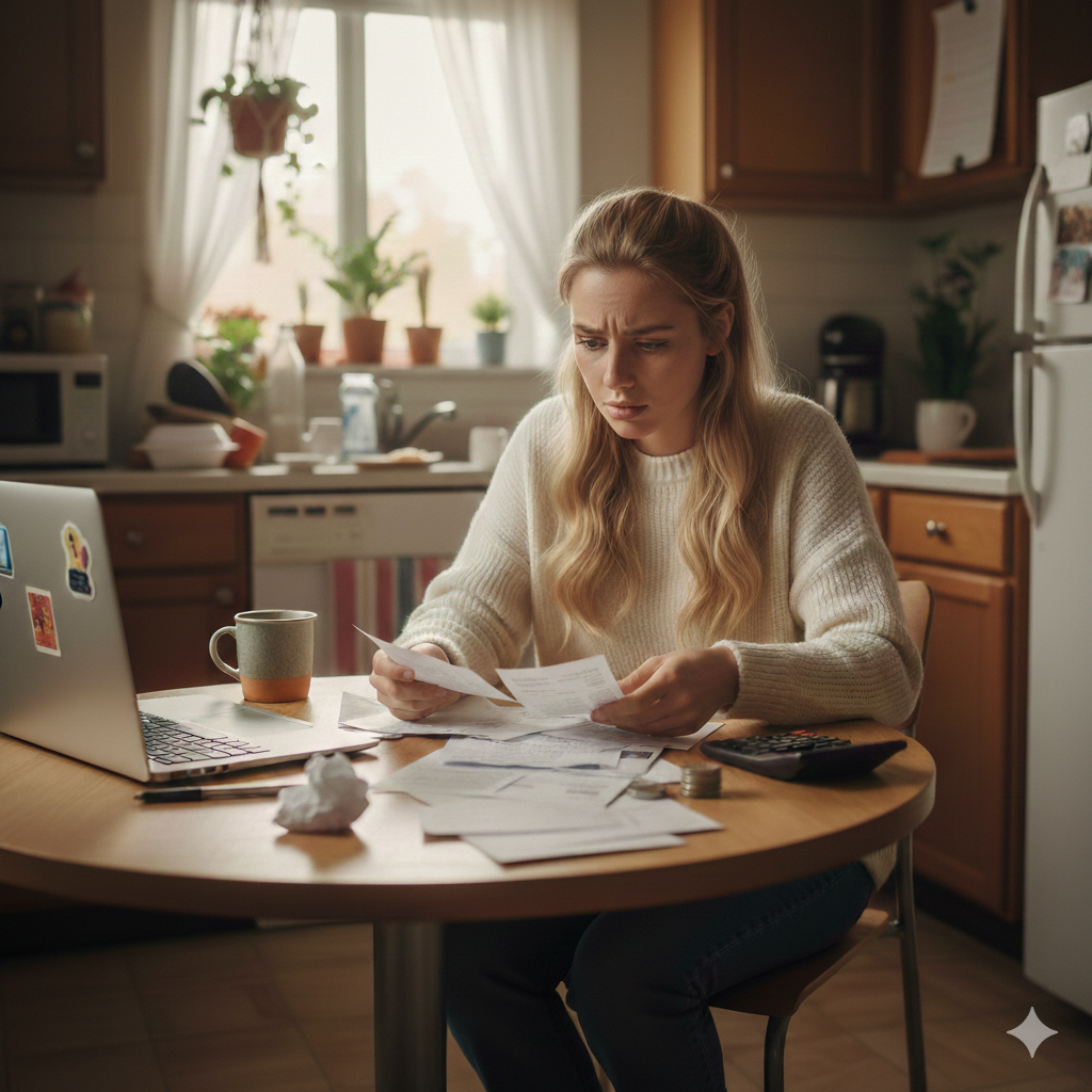 confused college student looking at her student loan bills
