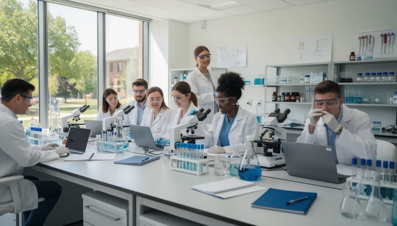 Undergraduate pre-med students collaborating in a summer research lab setting