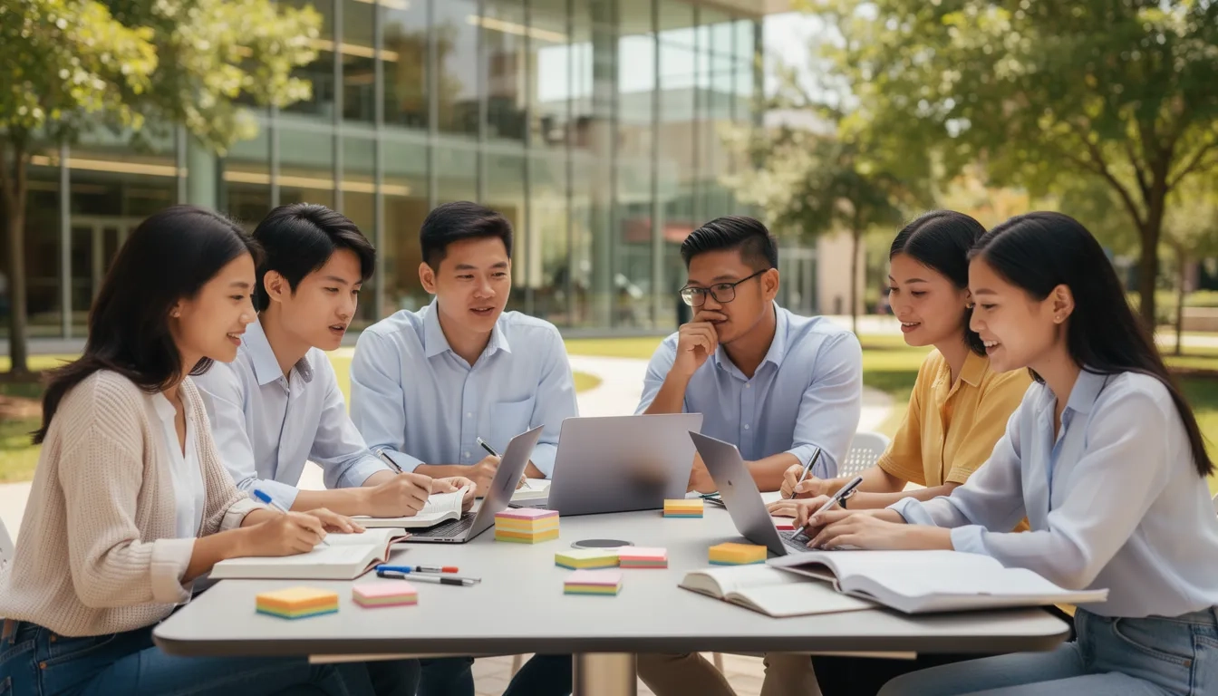 Diverse group of Asian American college students studying together on campus
