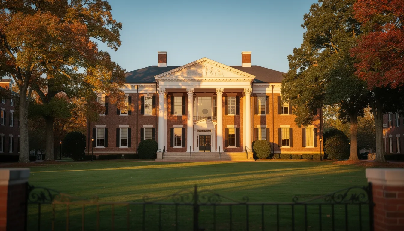 Historic private college campus building in Virginia at golden hour