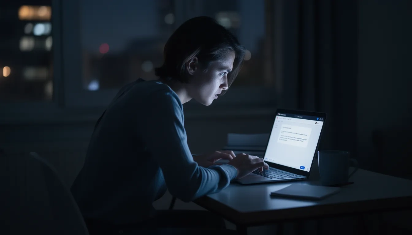 Person hunched over a laptop drafting a long formal email late at night, looking stressed and uncertain