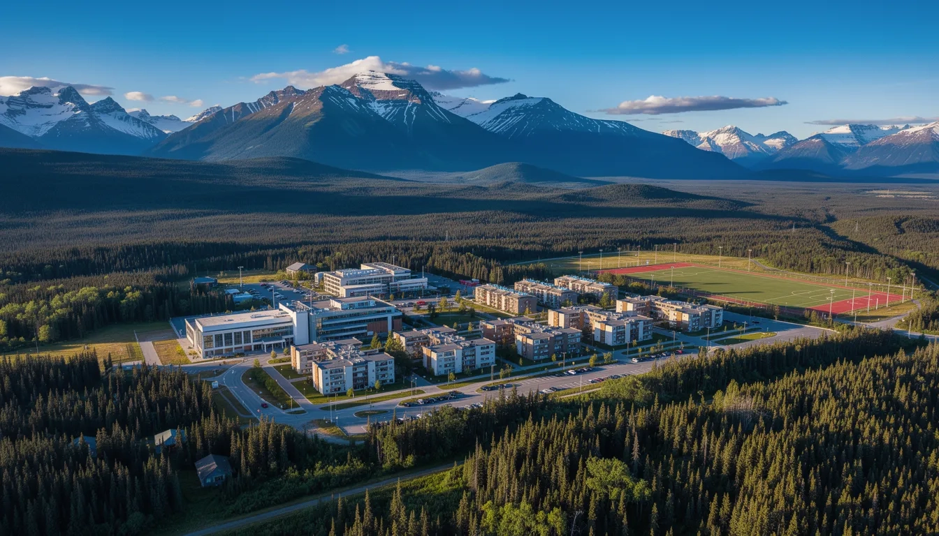 Aerial view of an Alaska university campus surrounded by mountains