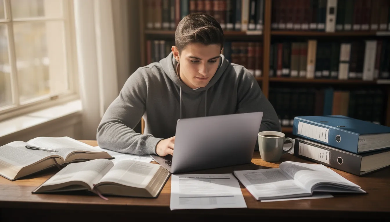 College student applying for accounting scholarships at a library desk