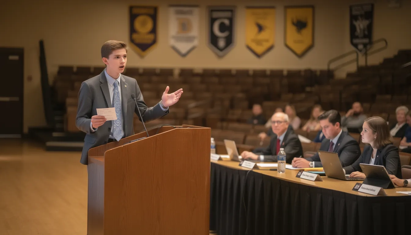 High school student delivering a debate speech at a formal competition