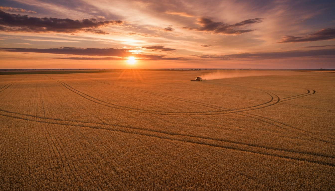 Aerial view of American farmland with a combine harvester at golden hour