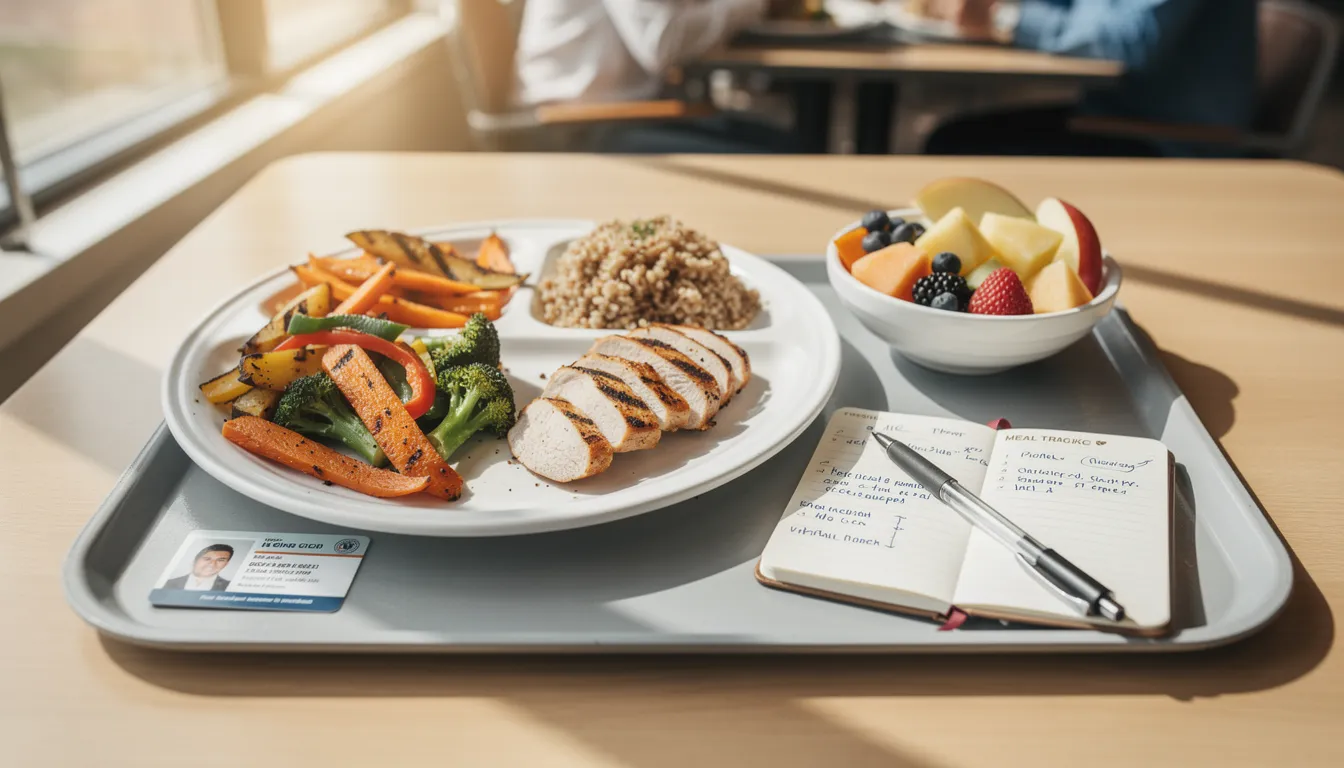 College dining hall tray with balanced meal and meal tracking notebook