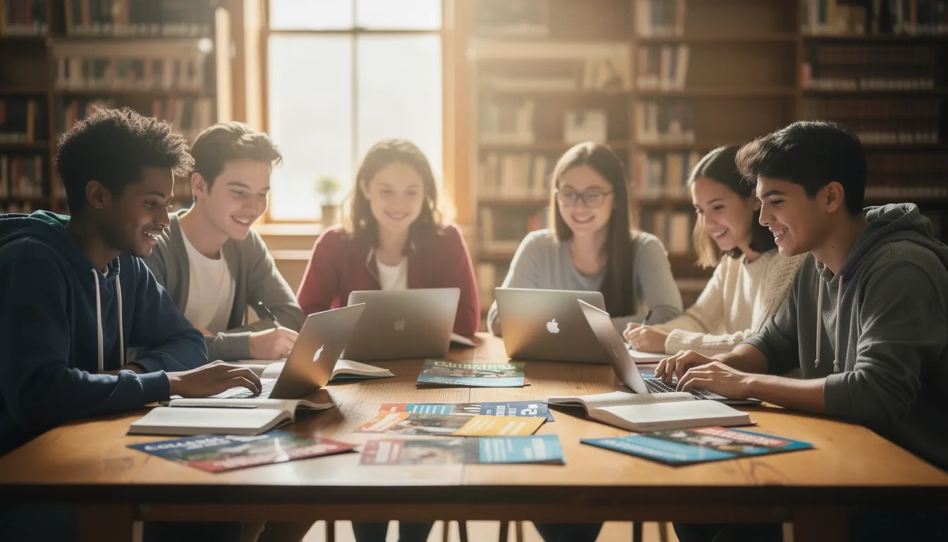 High-achieving students researching college options at a library