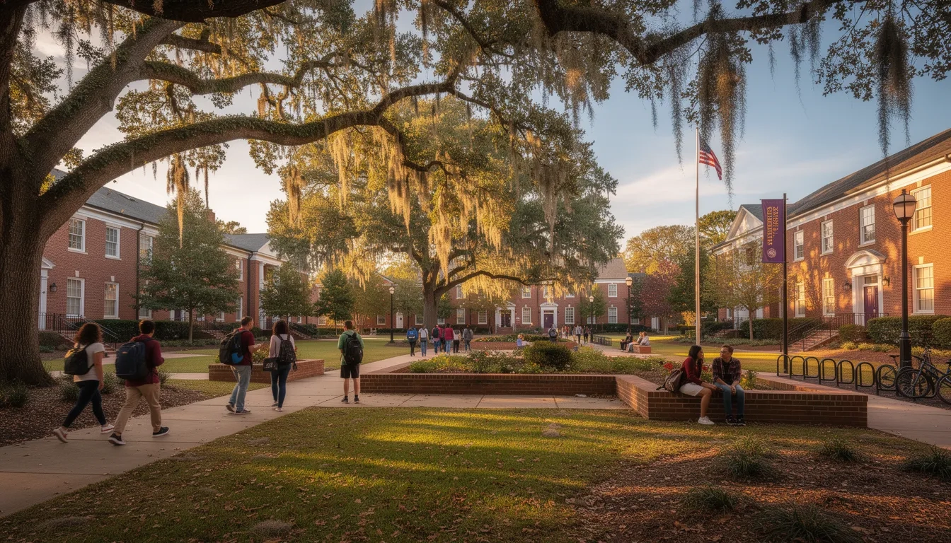 Louisiana university campus with students walking between buildings