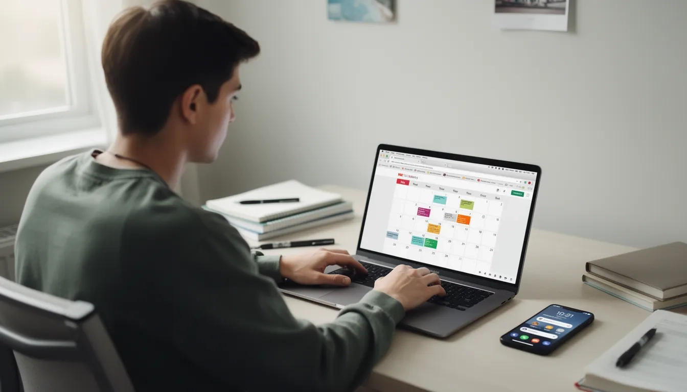College student setting up scholarship alerts on a laptop with a deadline calendar on screen