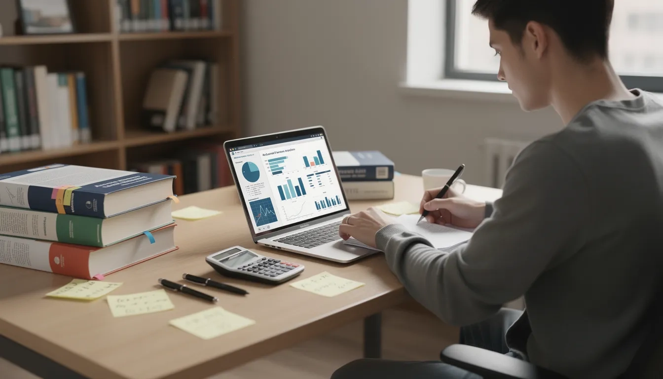 Actuarial science student reviewing exam study materials and financial documents at a desk