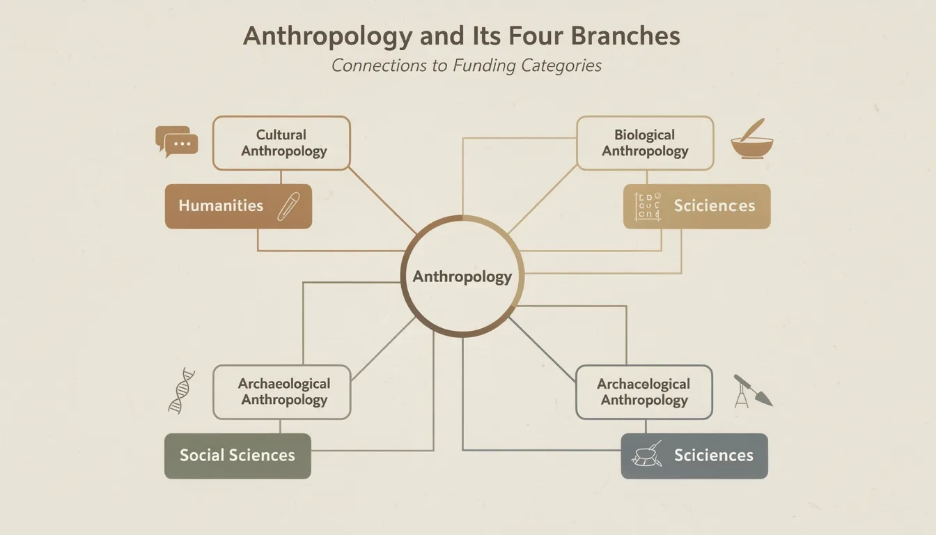 Diagram showing anthropology's four subfields bridging humanities and sciences funding categories