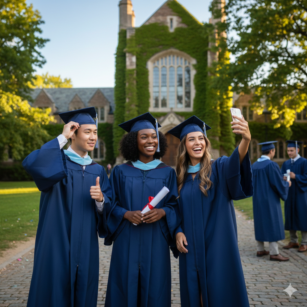 new college grads pose for a selfie in their caps and gowns