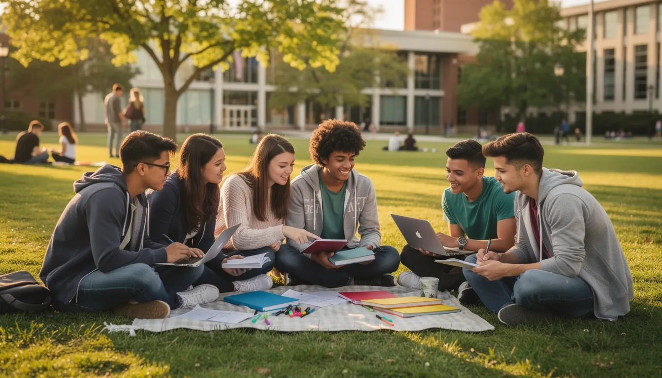 Diverse college students studying together on campus