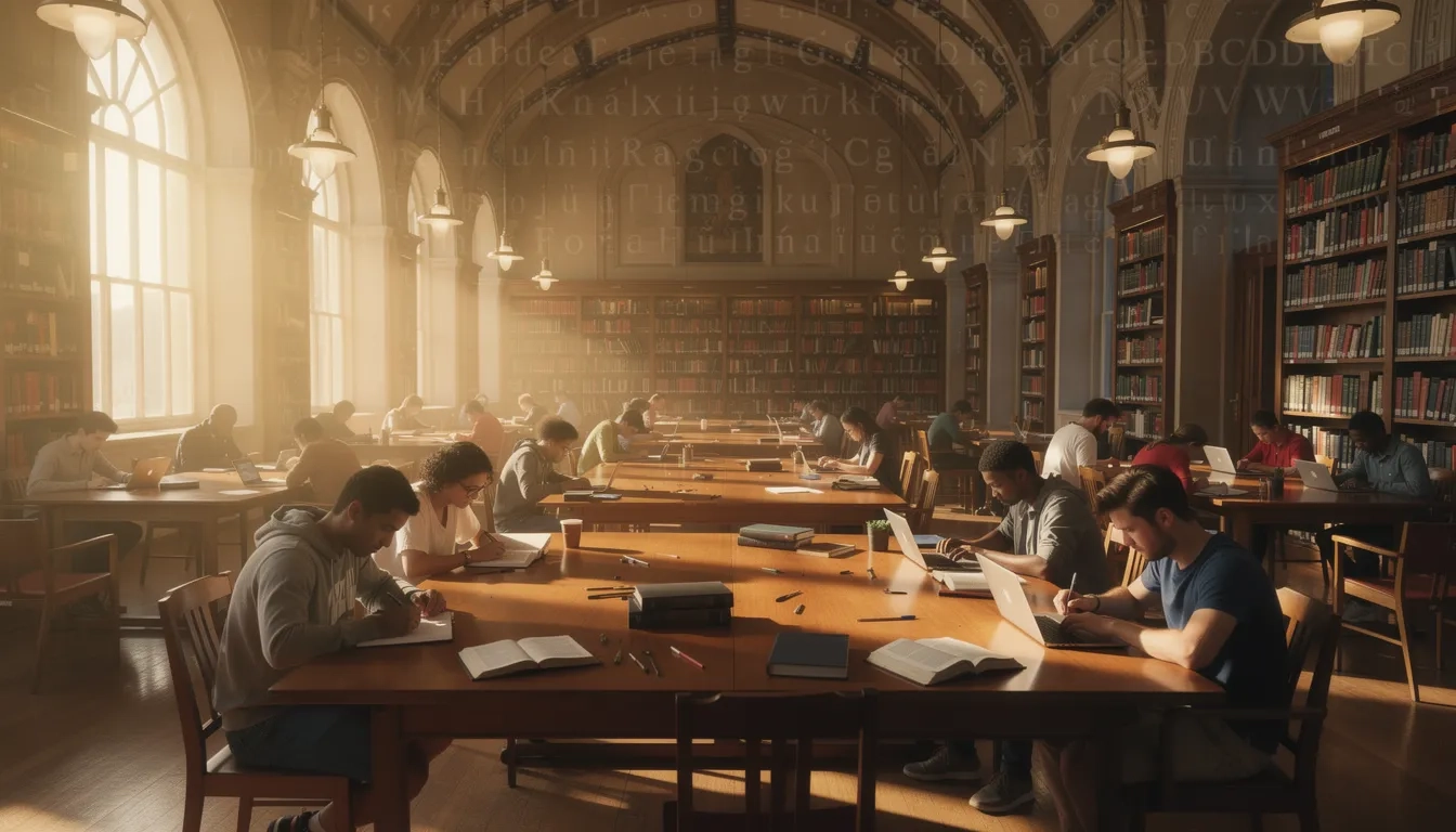 University library with students studying linguistics