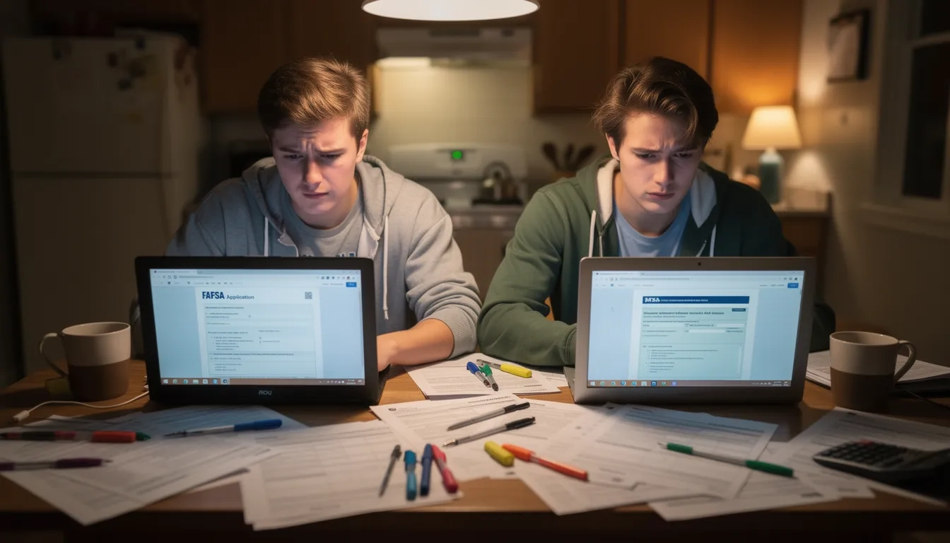 Twin students reviewing FAFSA paperwork together at home