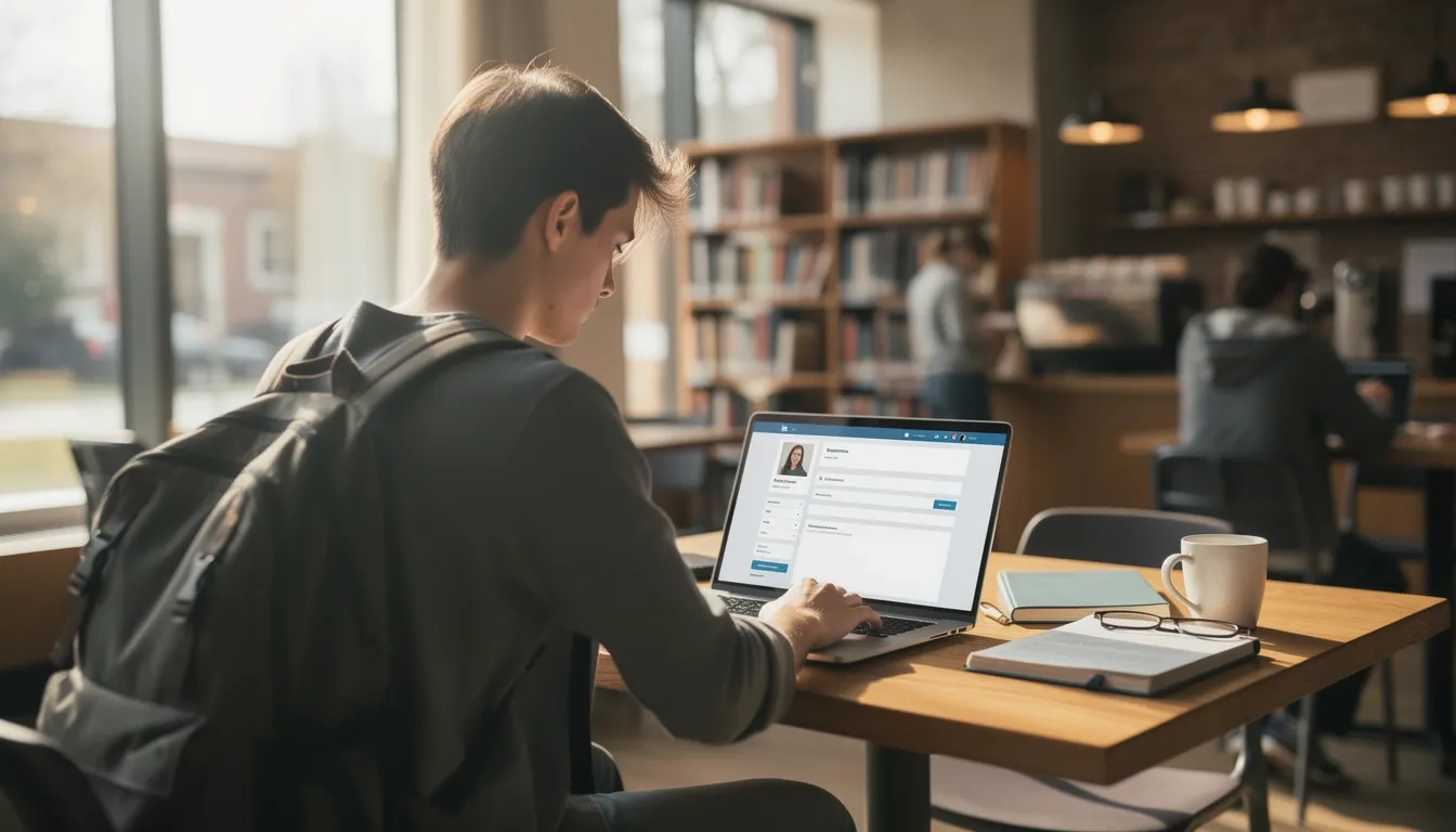 College student building their LinkedIn profile on a laptop