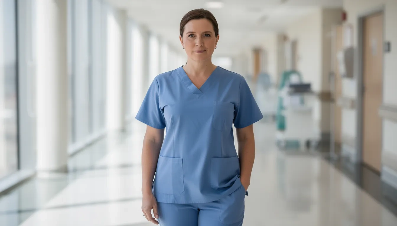 Career changer in scrubs standing in a hospital hallway