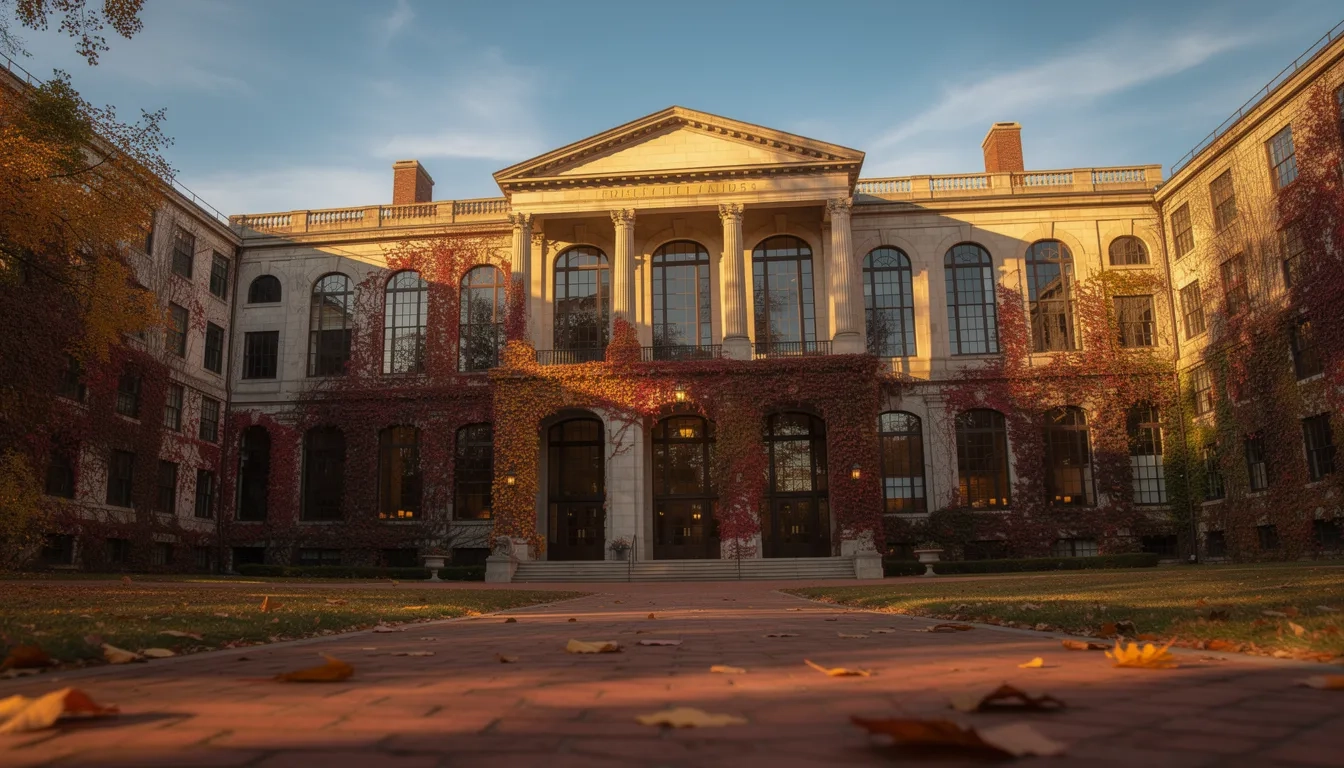 Historic Pennsylvania university building bathed in golden autumn light