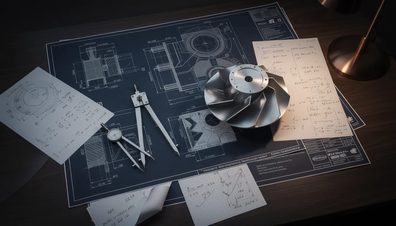 Engineering desk with blueprints, drafting tools, and a turbine blade model