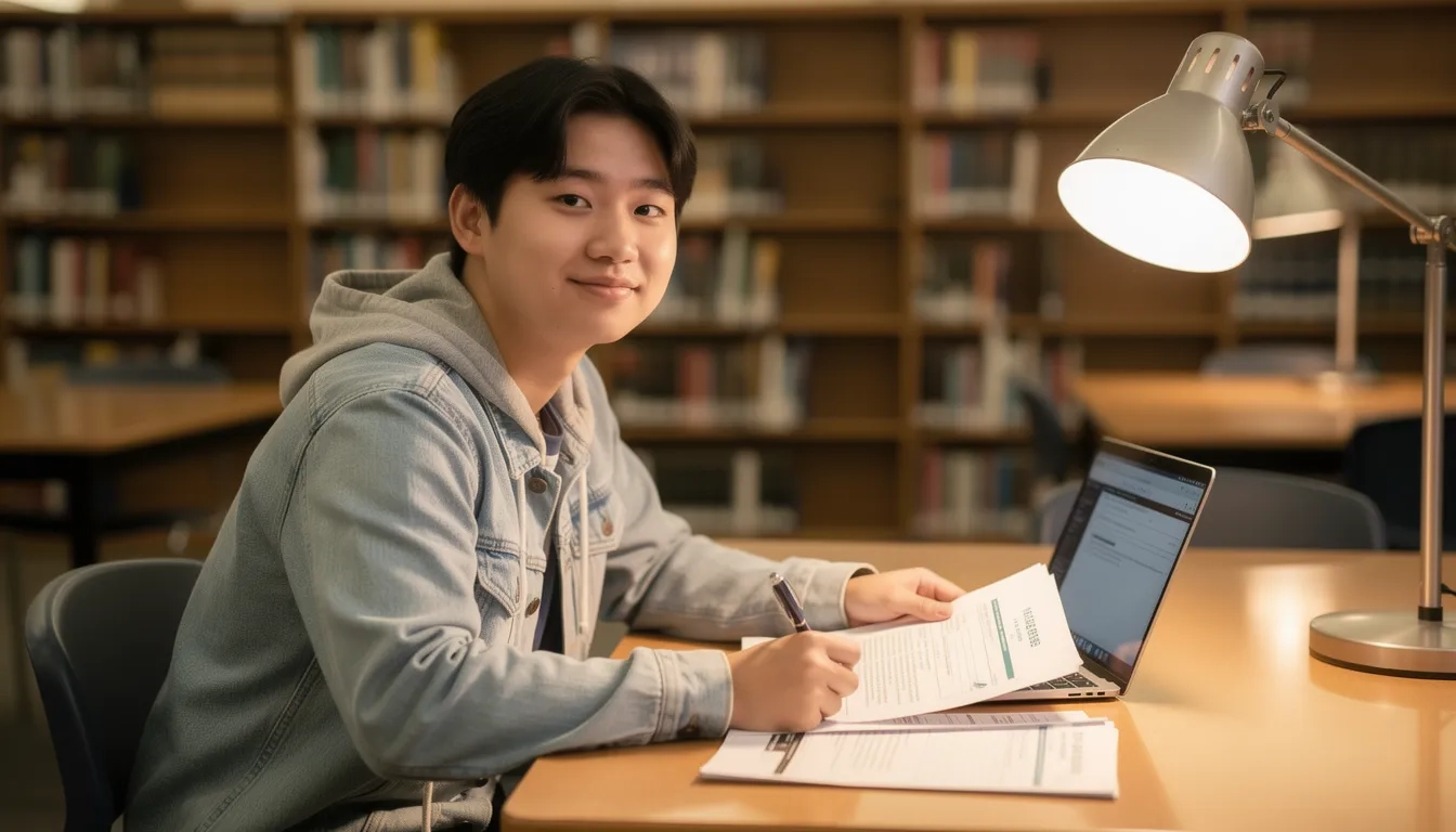 Korean American student reviewing scholarship applications at a library