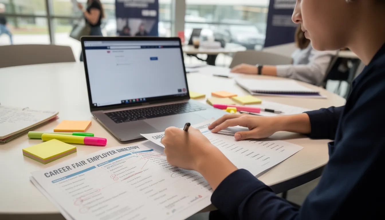 Student researching companies before a career fair
