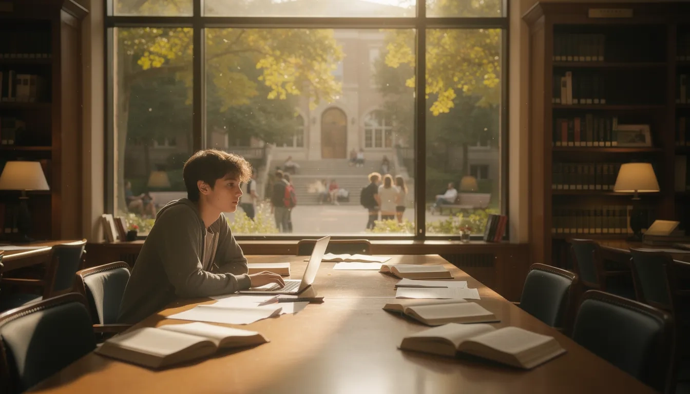 College student reflecting on mentorship opportunities at a university library