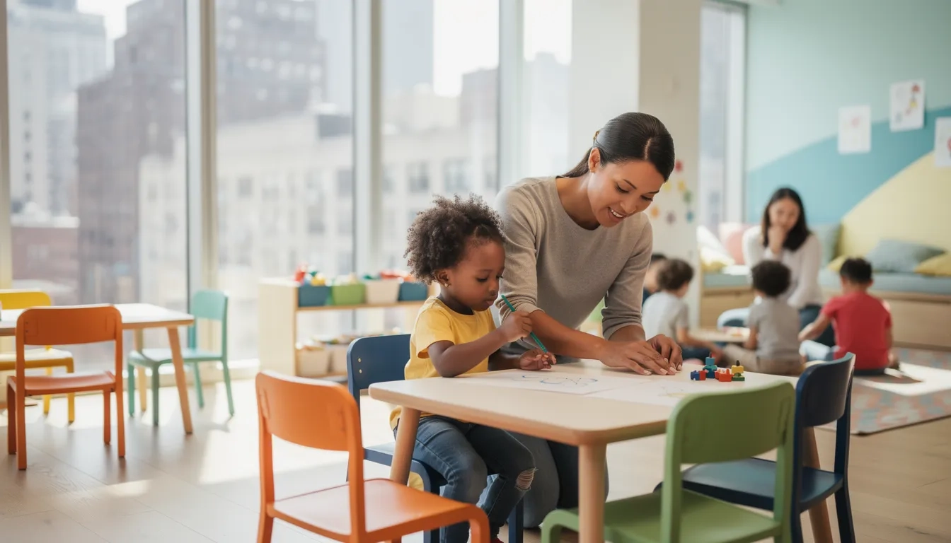 New York parent and child at a daycare center