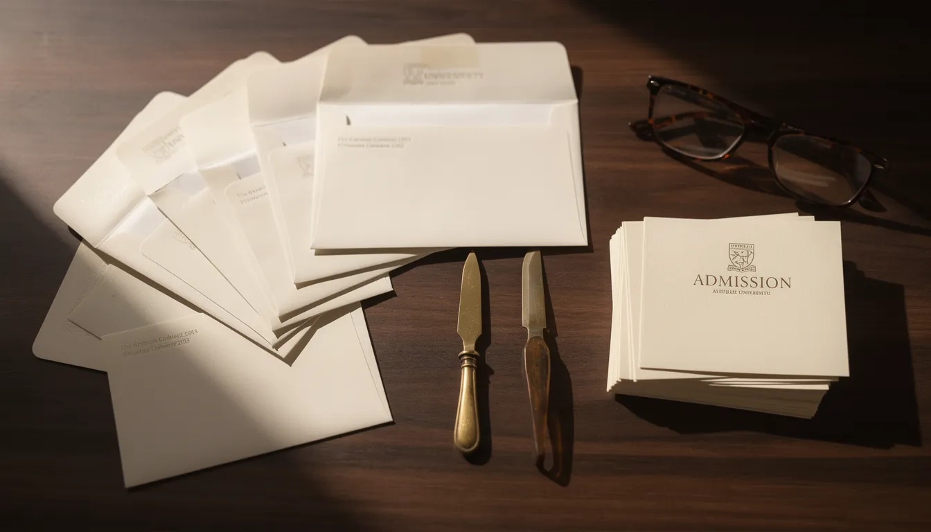 Fanned university admission envelopes on a wooden desk in warm light