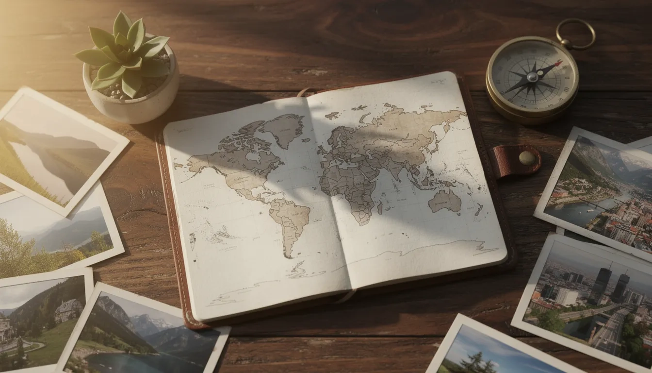 Flat-lay of a travel journal with world map sketch, compass, and photographs on a wooden desk