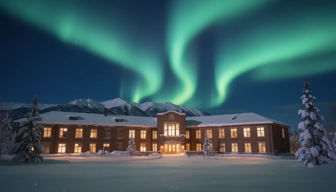 University building under the aurora borealis with snowy mountains in Alaska