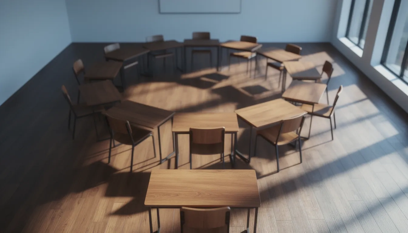 Empty seminar room with desks in a circle, symbolizing different college teaching styles