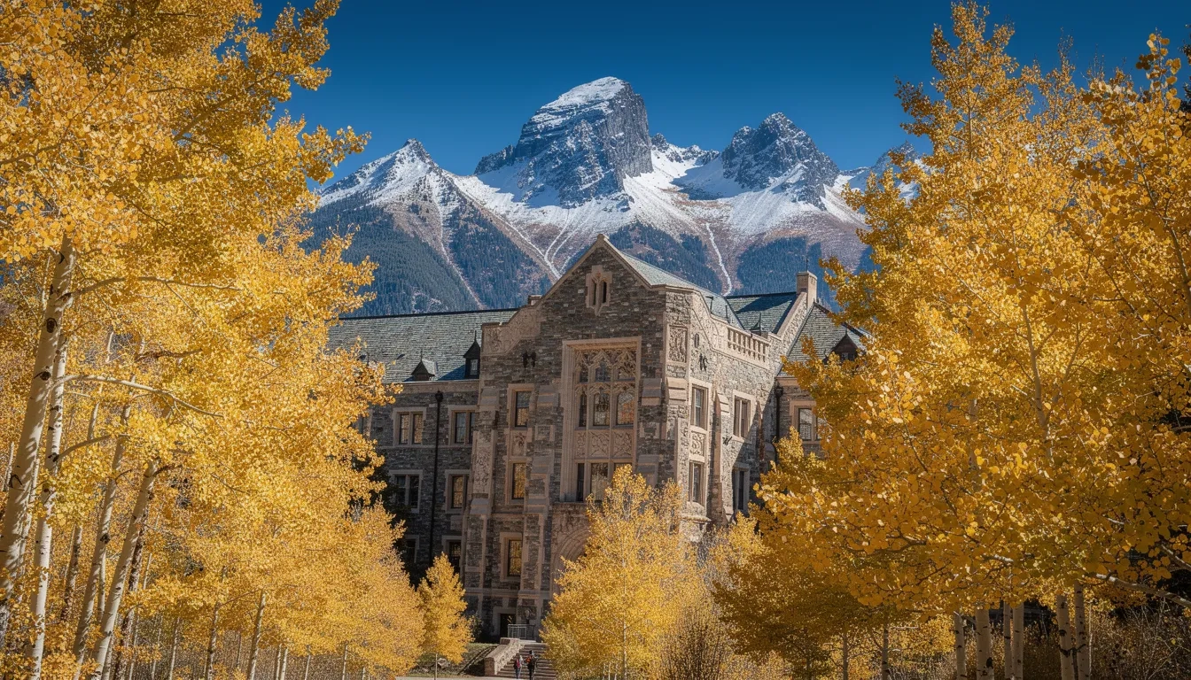 University building framed by snow-capped Rocky Mountains and golden aspens