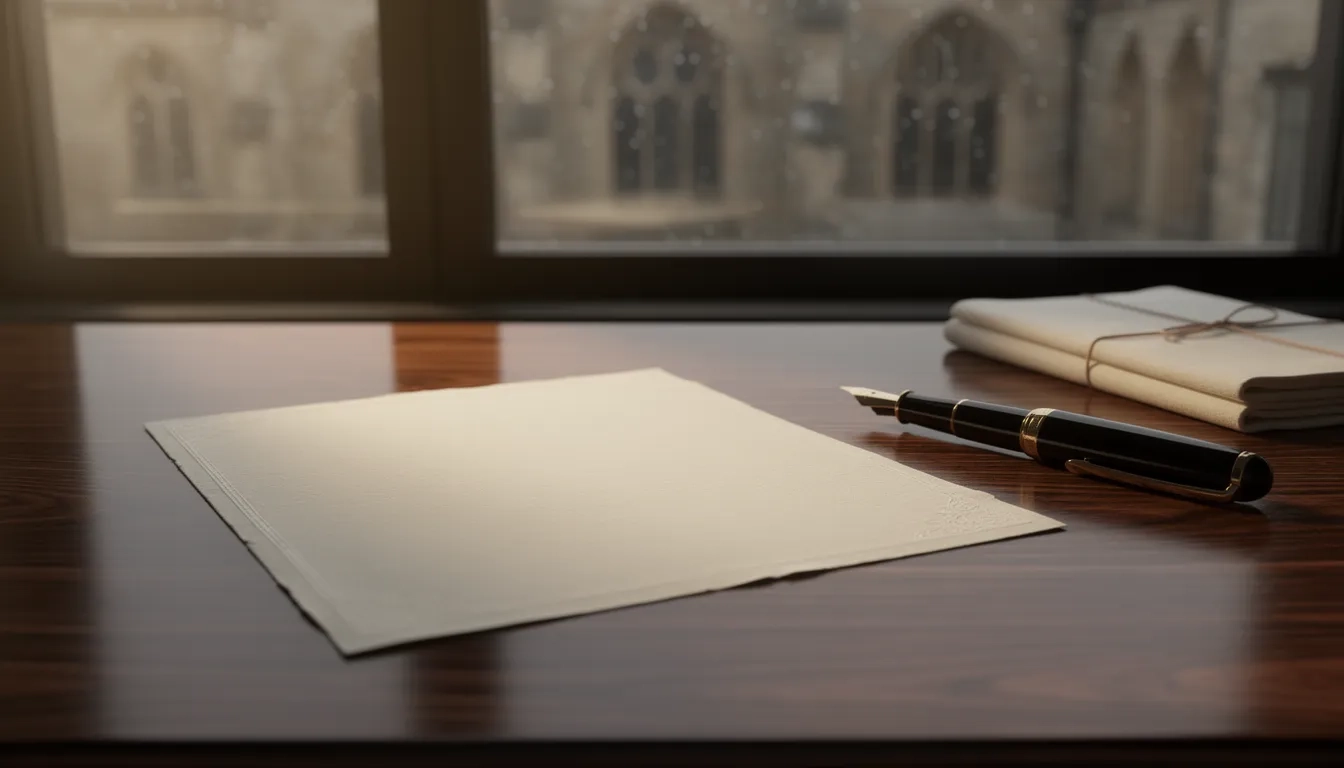 A letter resting on a wooden desk beside a fountain pen, evoking the wait after a college deferral