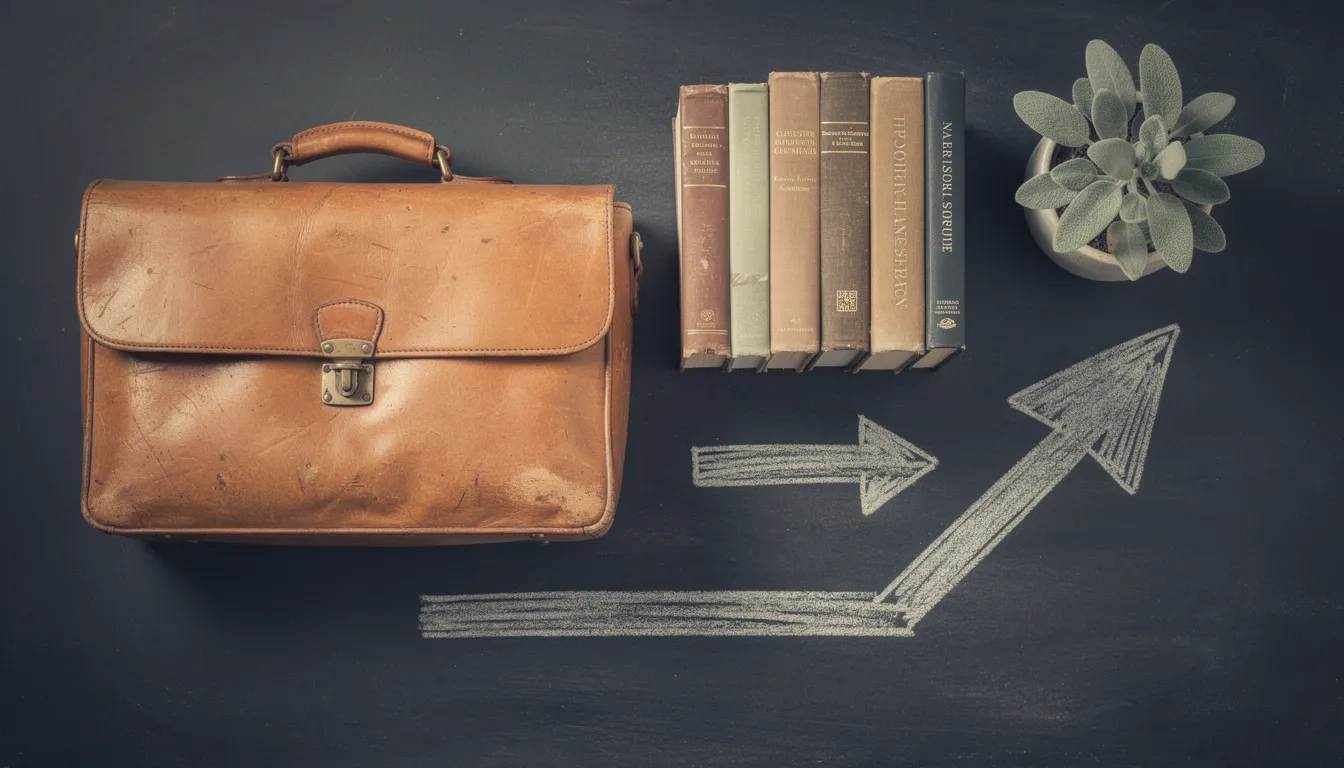 Briefcase and diverging arrows representing a career change through education