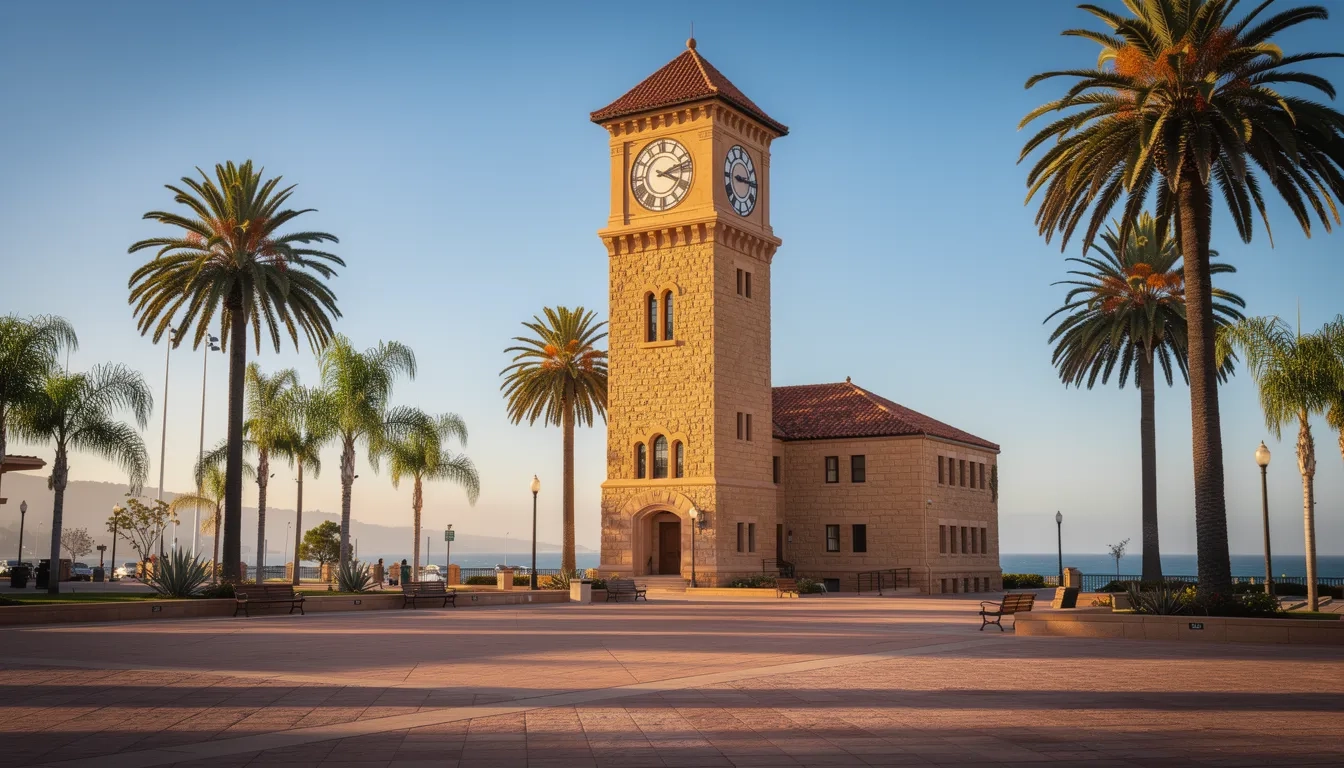 University clock tower with palm trees and coastal view in California