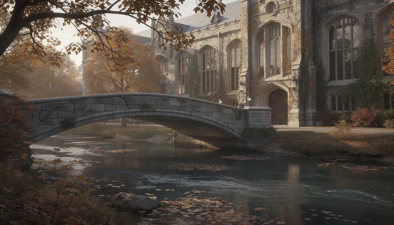 Stone bridge over a river near a university campus in Arkansas