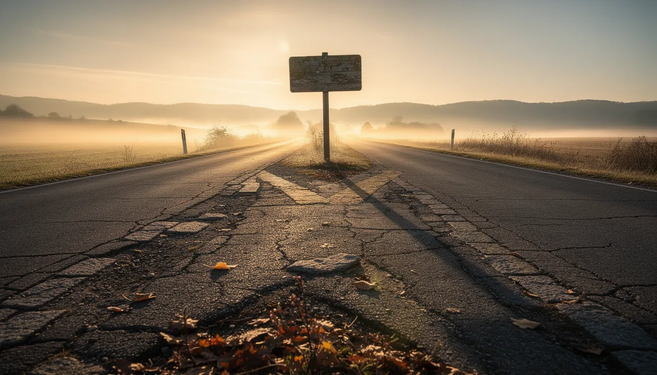 An empty road forking in two directions under a golden sunrise sky