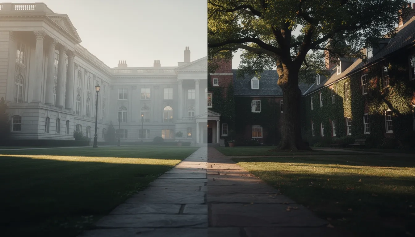 Split scene contrasting a large university campus with a small college courtyard