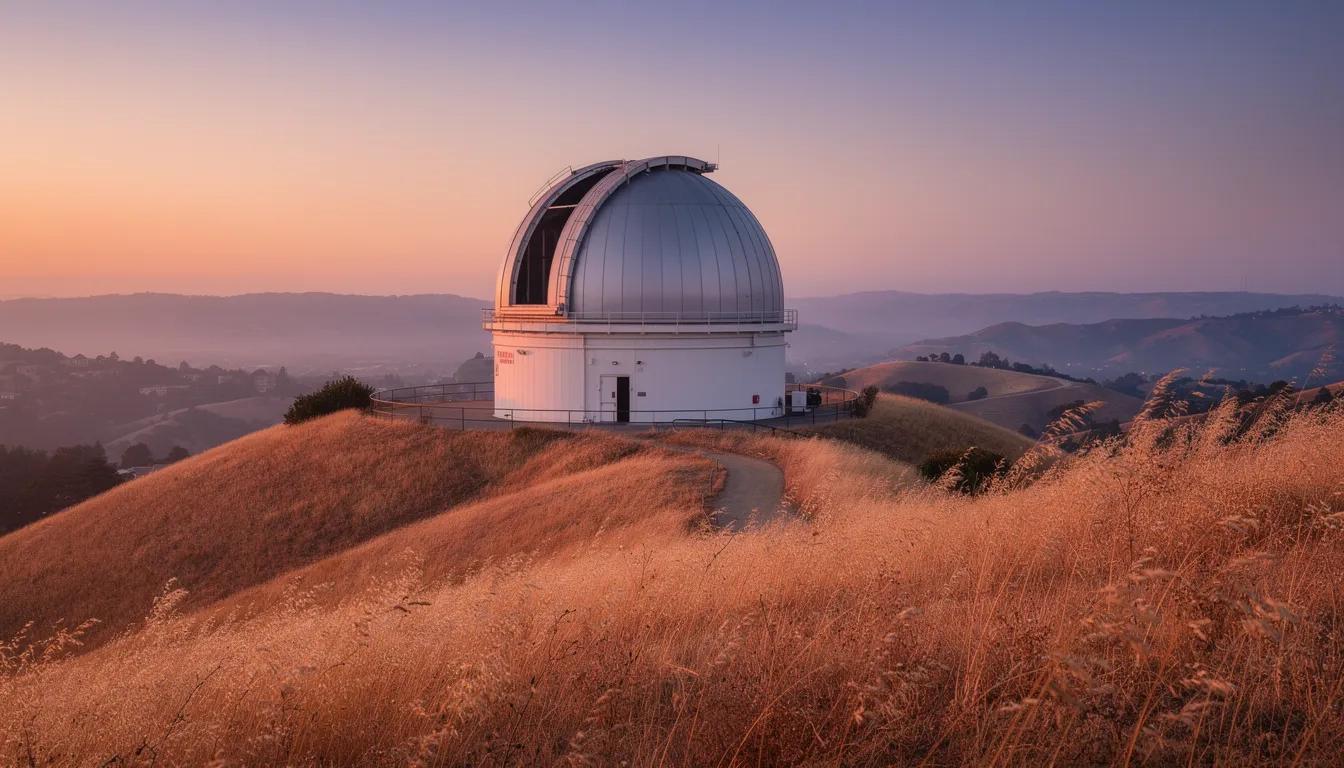 University observatory dome on golden California hills at sunset
