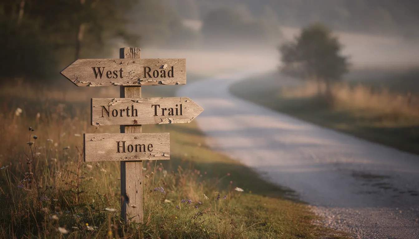 A wooden signpost at a countryside crossroads pointing toward multiple diverging paths at golden hour