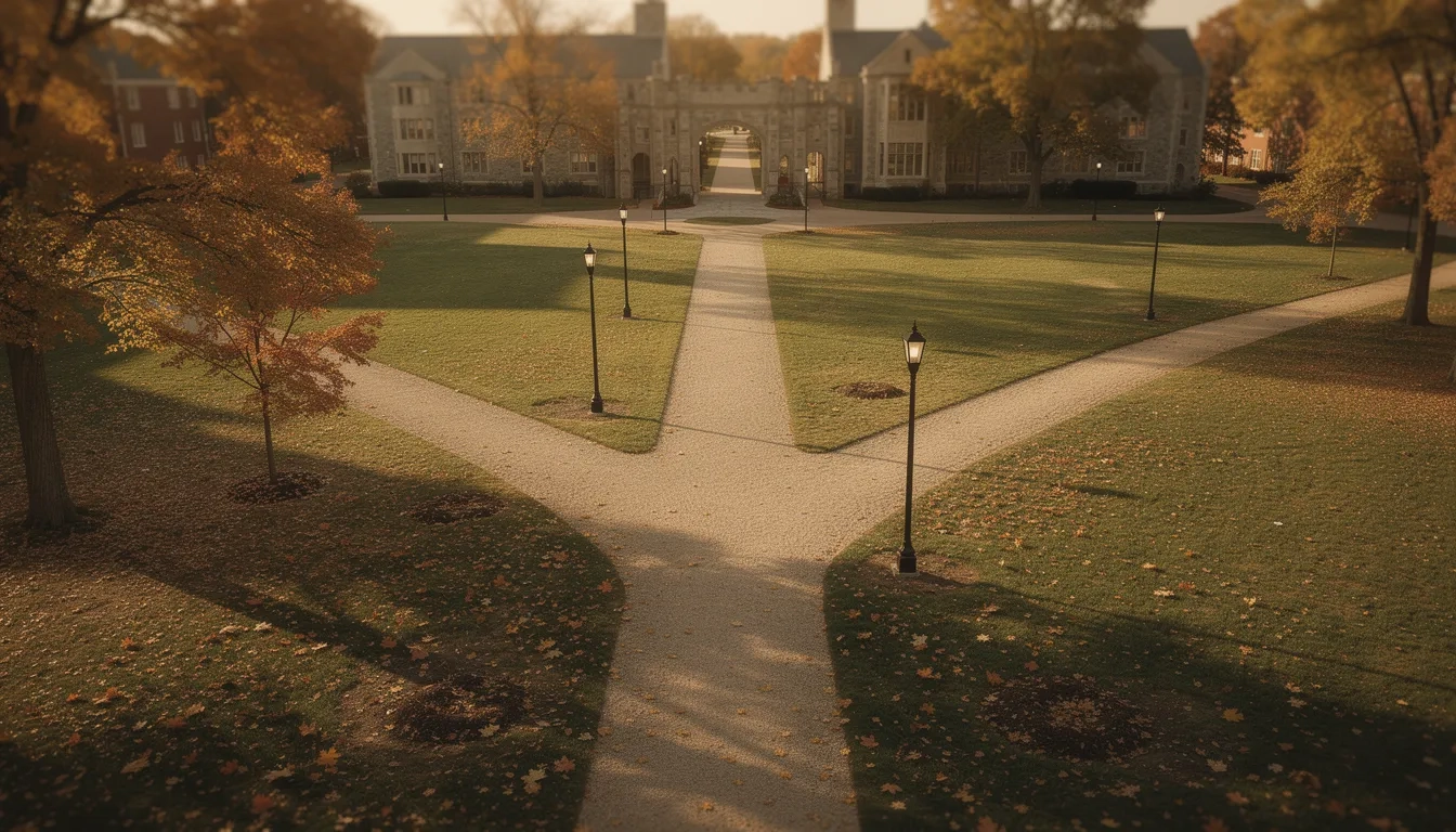 Two diverging paths on a college quad symbolizing a choice between two schools