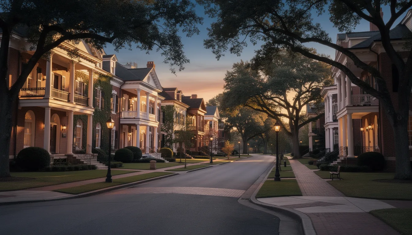 Historic fraternity and sorority houses on a college campus street at dusk