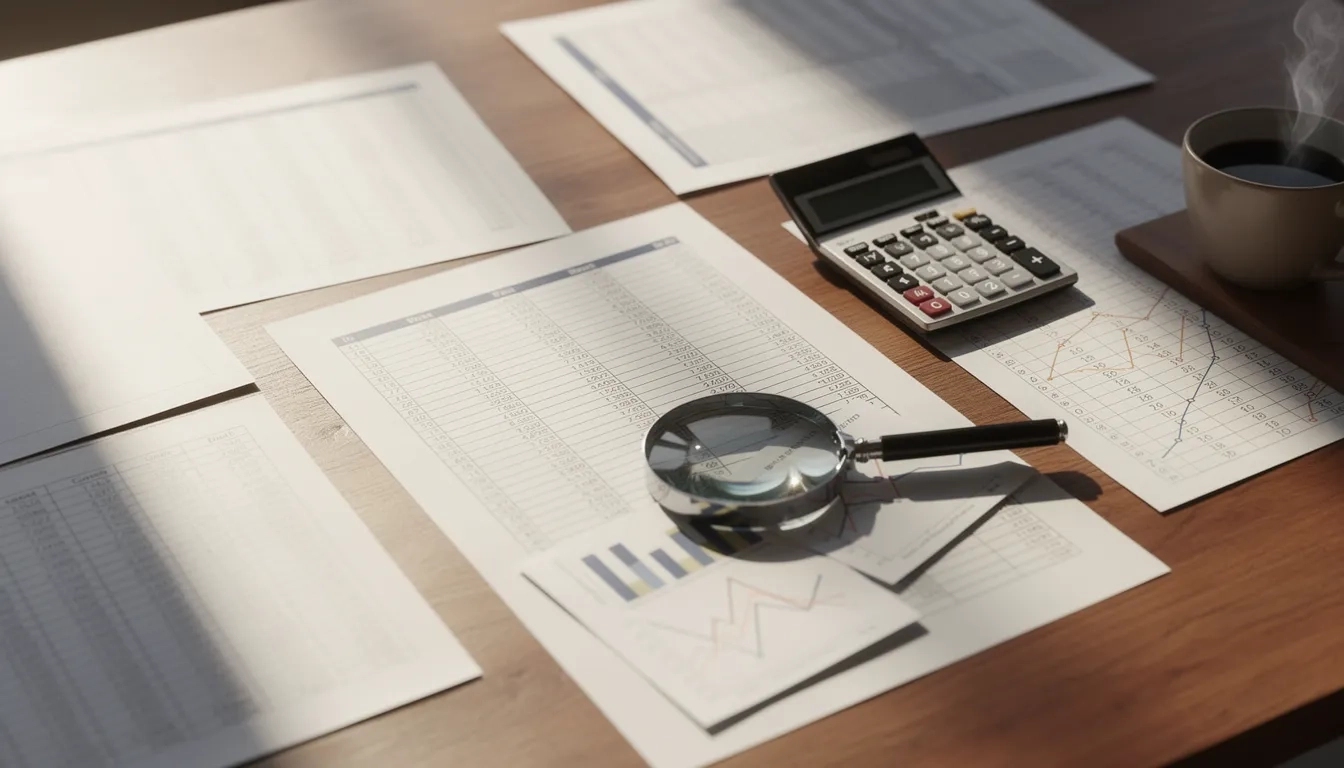 Overhead view of financial documents and a calculator arranged for comparison on a wooden desk