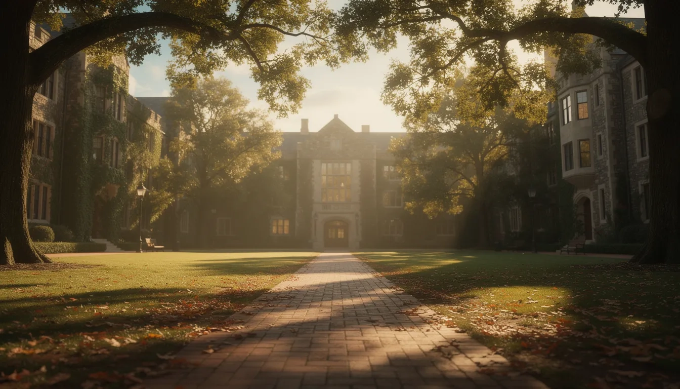 Sunlit pathway through a university quad lined with ivy-covered brick buildings