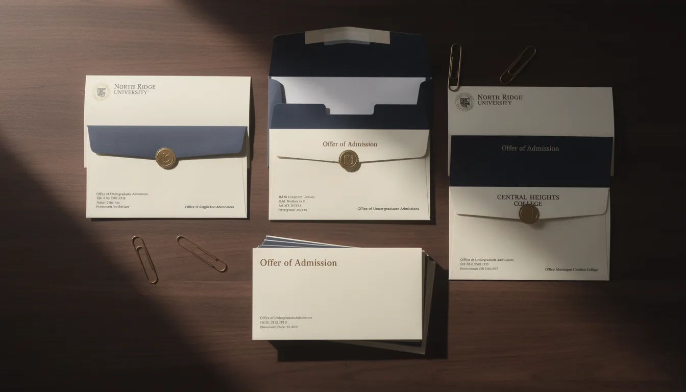 Overhead view of university acceptance envelopes organized into groups on a wooden desk