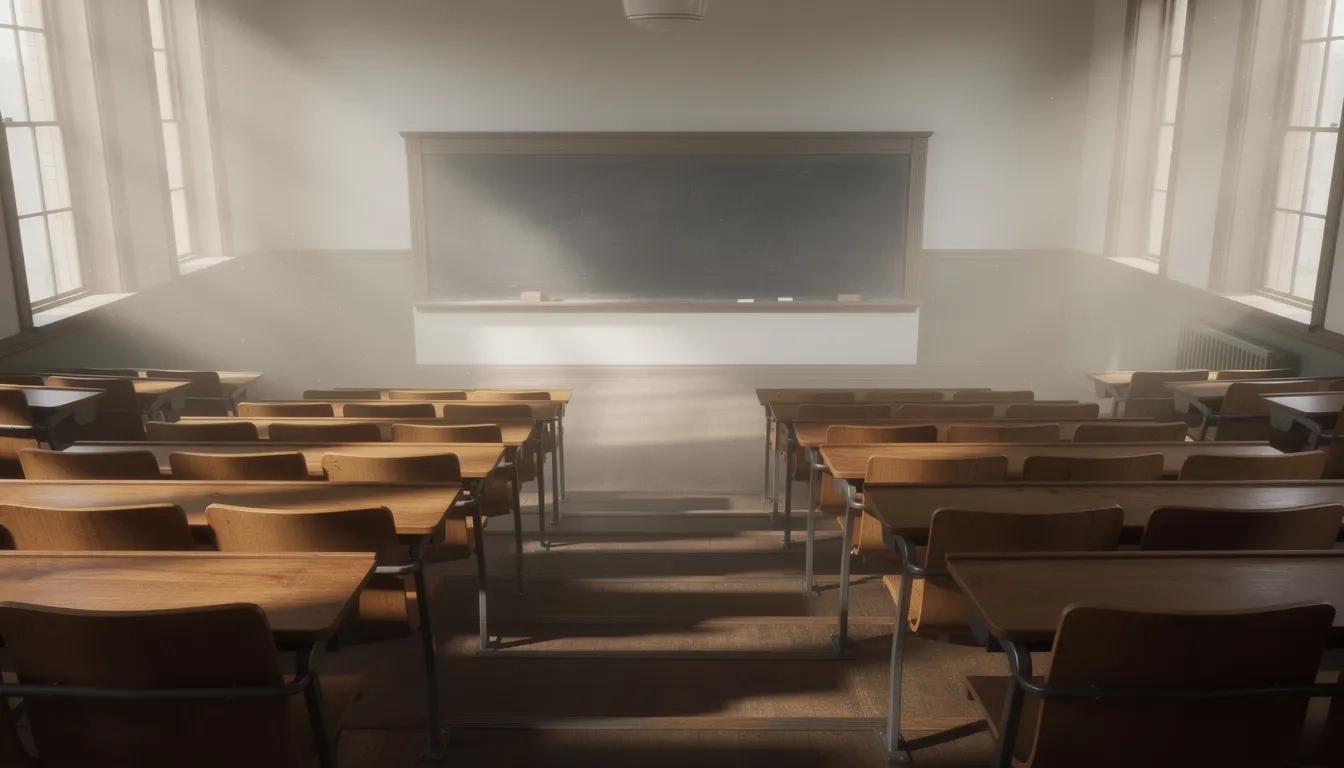 Empty tiered lecture hall representing college class size