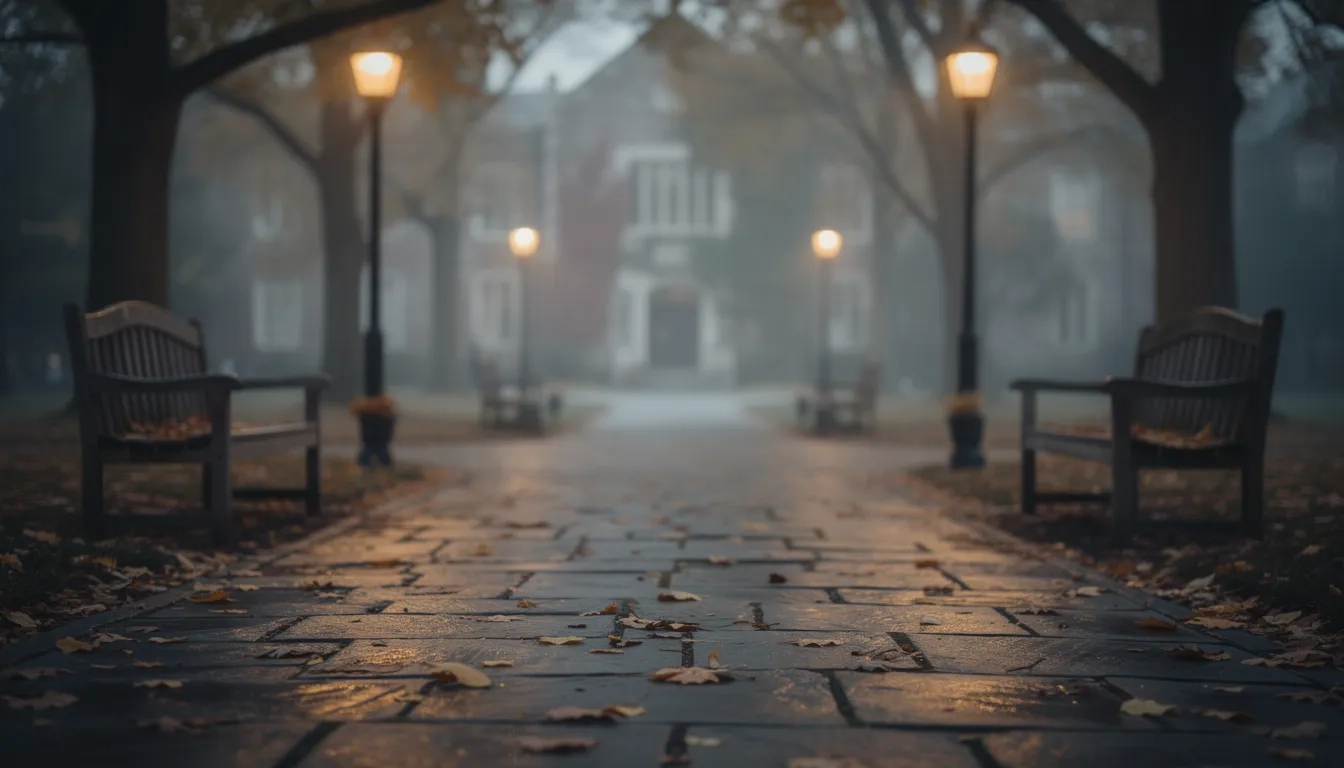 Empty tree-lined campus pathway forking in two directions at dusk