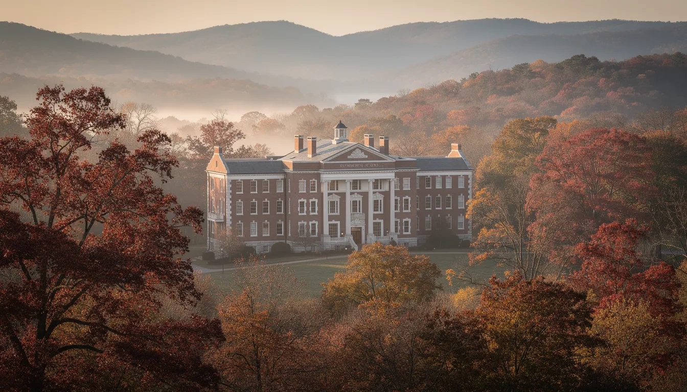University building nestled in Ozark hills with autumn foliage in Arkansas